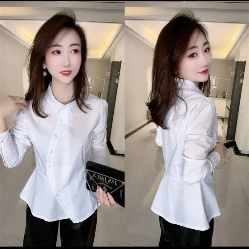 

Slim Fit Long Sleeve Shirt Fashionable Autumn New Style Pure Color Button up Casual Women's Clothing Breathable Polyester Fiber