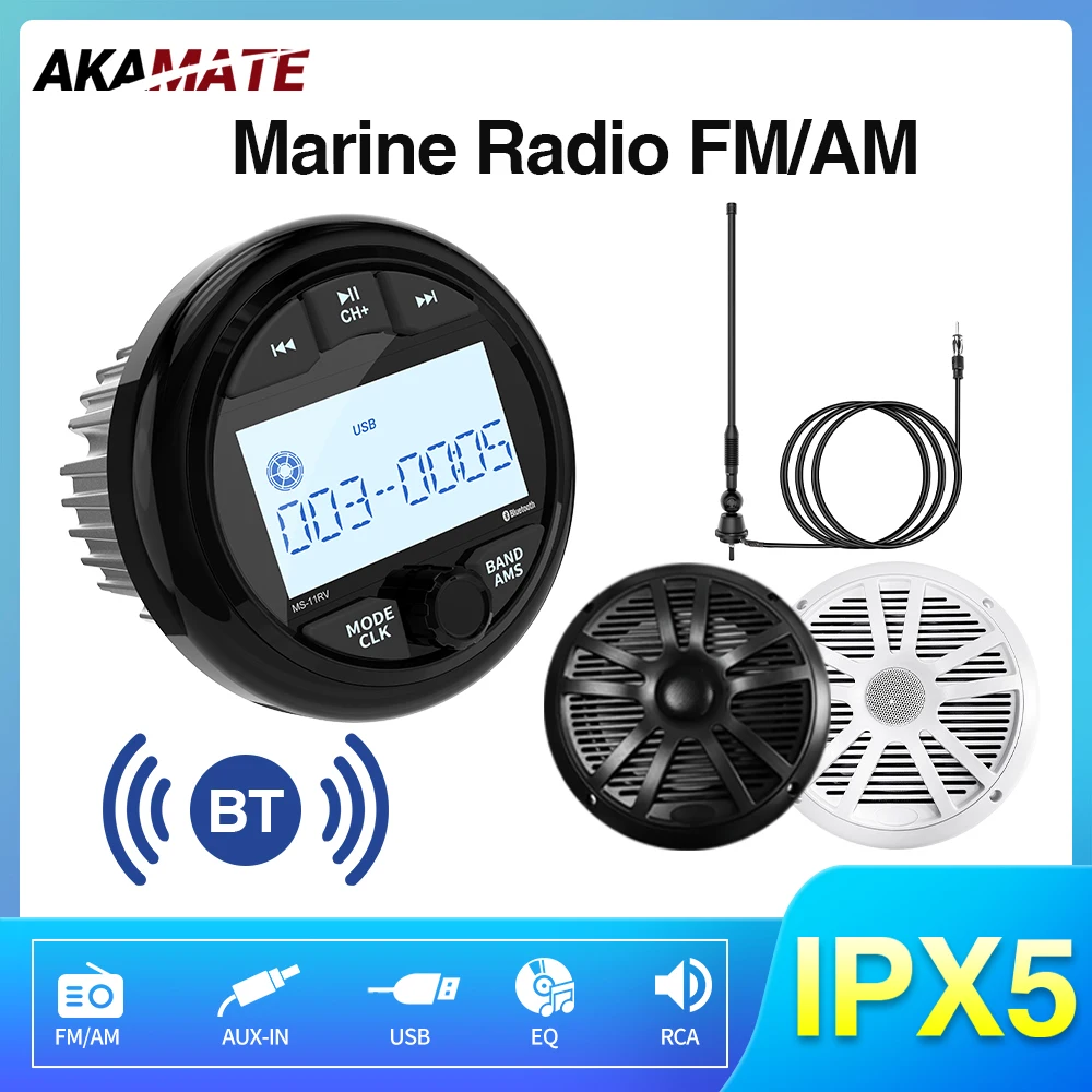 AKAMATE Boat Radio Marine Machine Waterproof Speaker FM AM Antenna Radio Receiver Bluetooth MP3 Player for RV ATV UTV SPA RZR