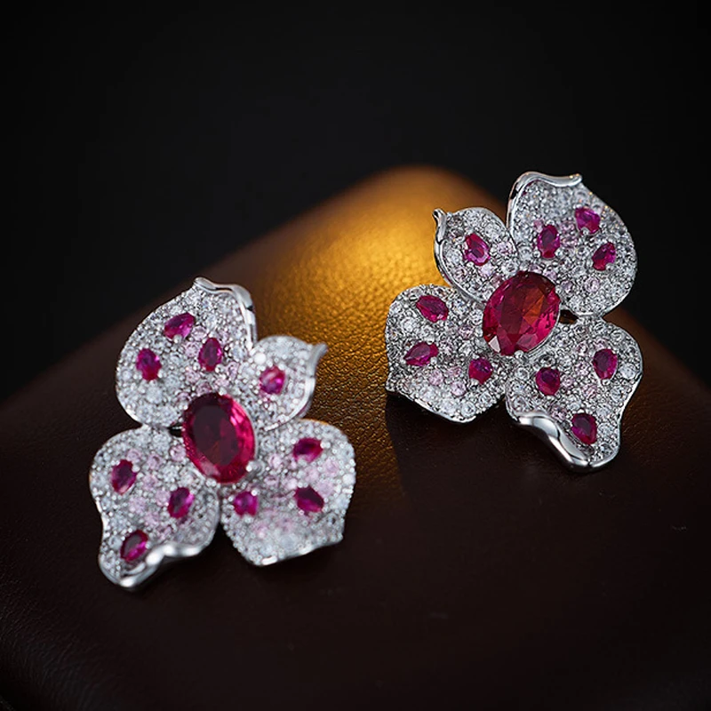 sweet flower stud earrings fushia green yellow zircon luxury jewelry women dinner party daily wear cute petals stud earrings