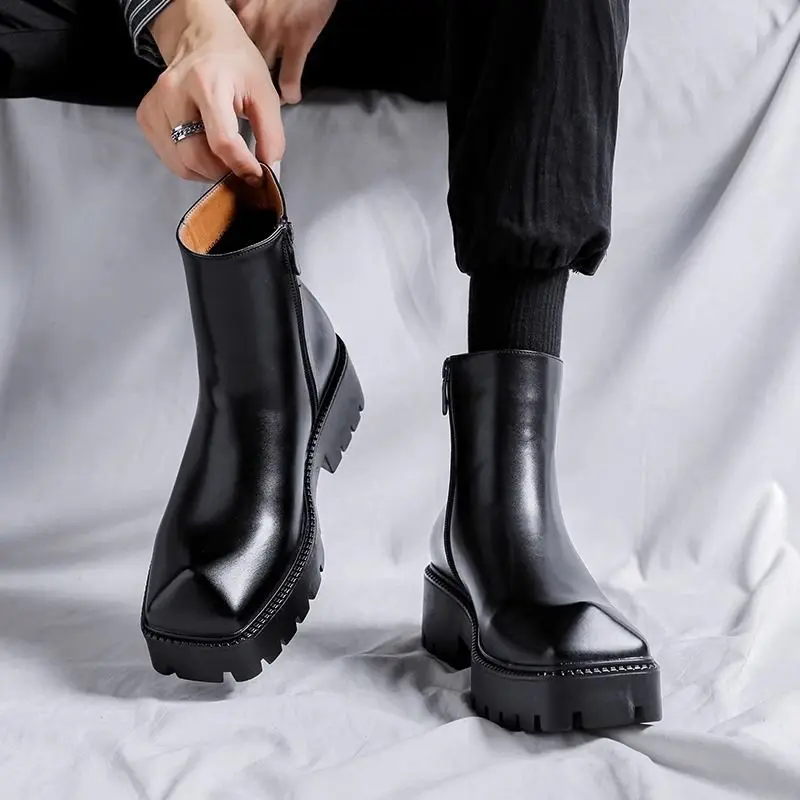 

2025 Niche Design Square Head Men's ins British Style High Top Rhino Horn Cigarette Chelsea Zipper Short Boots