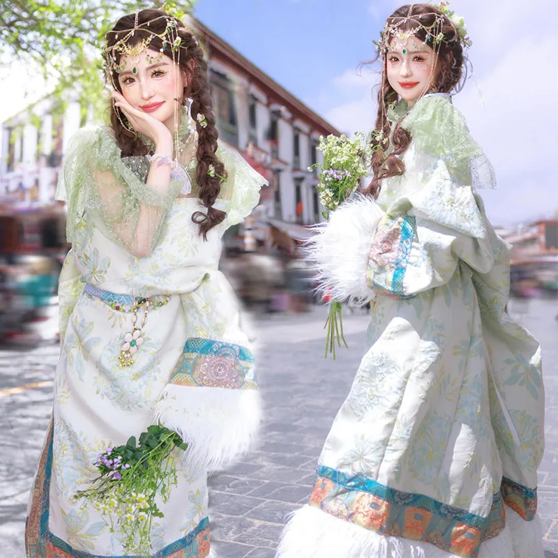 

Женский тибетский костюм в этническом стиле, летняя улучшенная версия, для путешествий и фотосессий, традиционная национальная одежда для фотосъемки