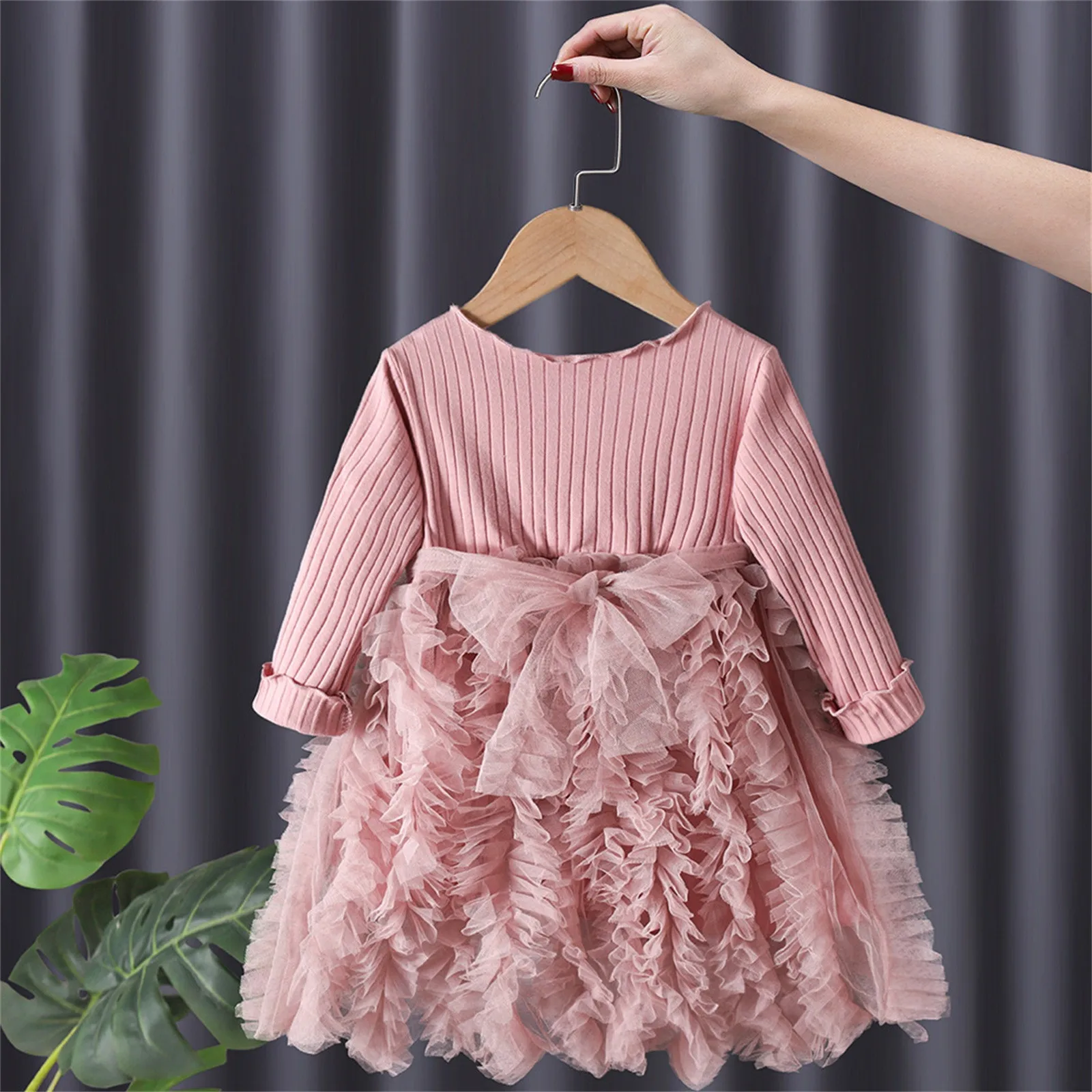 1 2 3 4 5 6 Years Old Kids Baby Girls Winter Party Dress Ribbed Long Sleeve Stitching Tulle Tutu Dress Knitted Ruffles Dresses