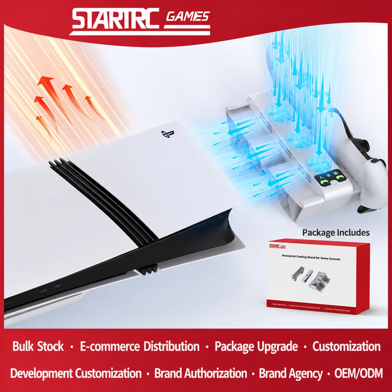 Cooling Stand for PS5 Pro/Slim with Dual Controller Charger Dock, Horizontal Flat Base Holder Accessory, ABS Material