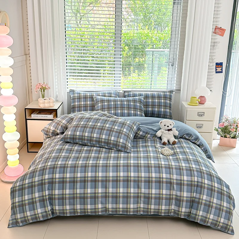 Conjunto de capa de edredom xadrez azul com 4 peças, conjunto de roupa de cama de microfibra macia com fronhas e lençol plano para todas as estações
