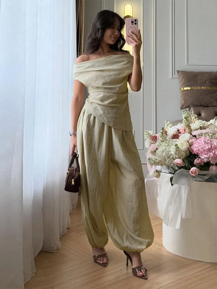 Damen-Hosenanzug 2-teilig Einschultriges Top mit Taillenschnürung Unregelmäßiger Saum Hochgeschnittene Laternenhose Schickes Damen-Outfit Neu – Detail 8
