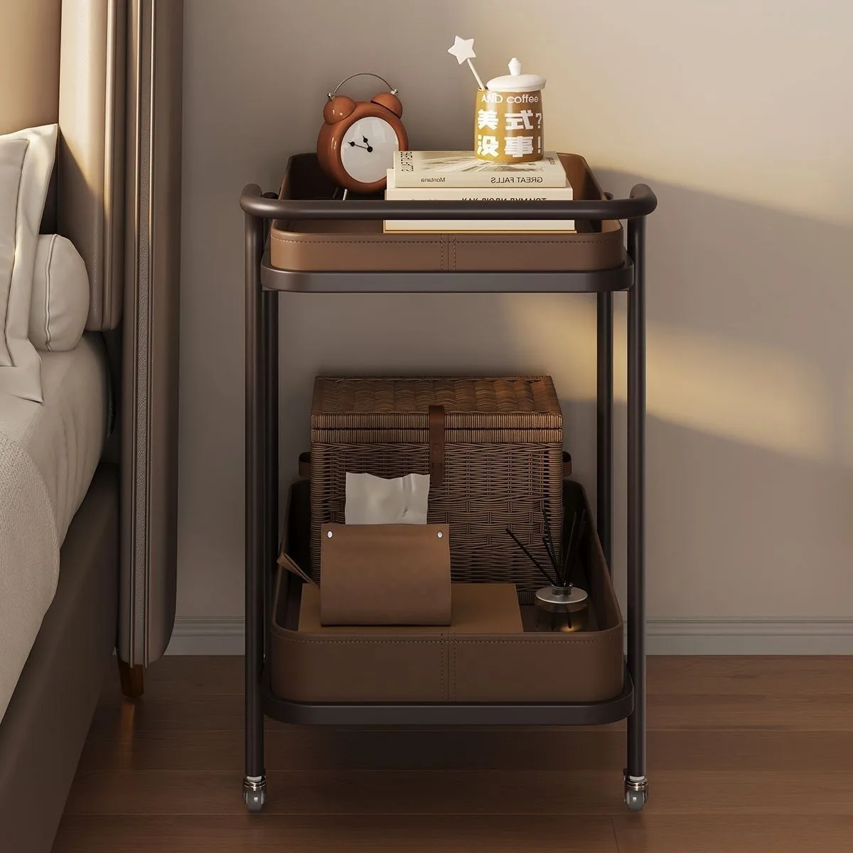 

[Nordic style] Light luxury saddle leather mobile small coffee table, a few side dishes on the sofa, a few corner carts