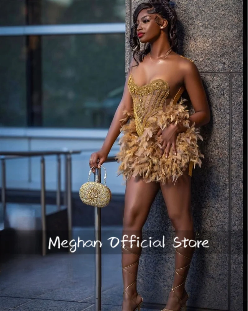 Gold Sweetheart Short Prom Dresses For Black Girls Crystal Bead Birthday Party Dress Feather Mini Cocktail Homecoming Customized