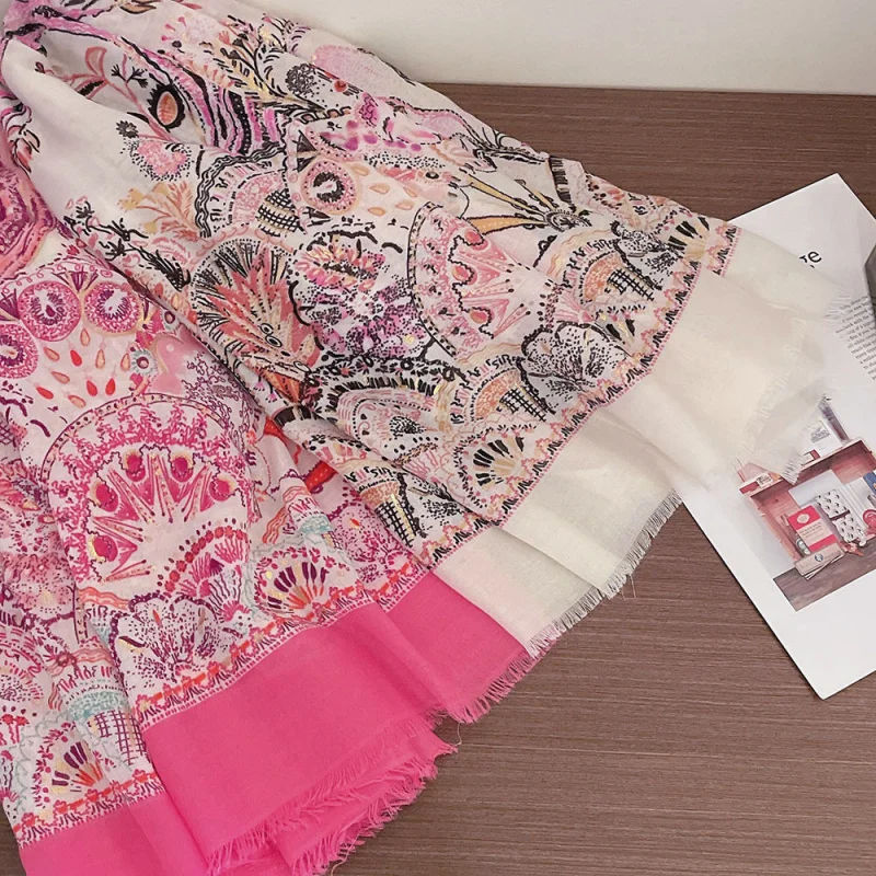 

Women's cotton-linen scarf with ethnic style and gold accents, featuring a and sycamore tree print, suitable as a shawl