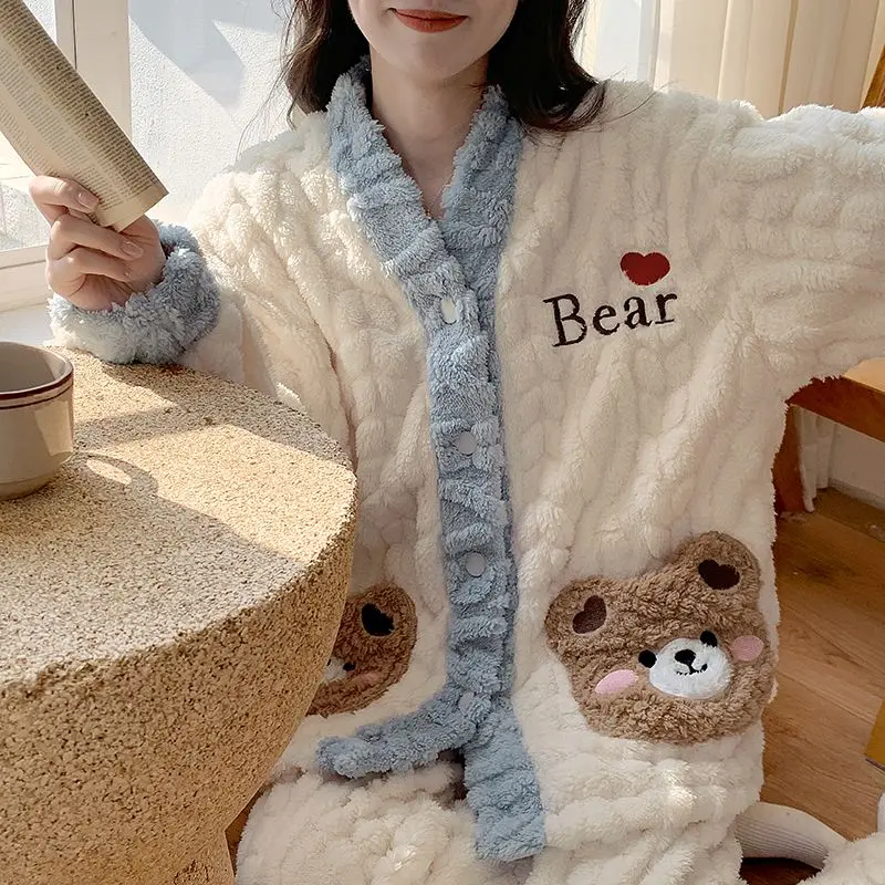 Women Coral Velvet Pajamas Winter New Fleece-lined Thickened Cartoon Bear Nightclothes Suit Thermal Flannel Female Homewear Sets