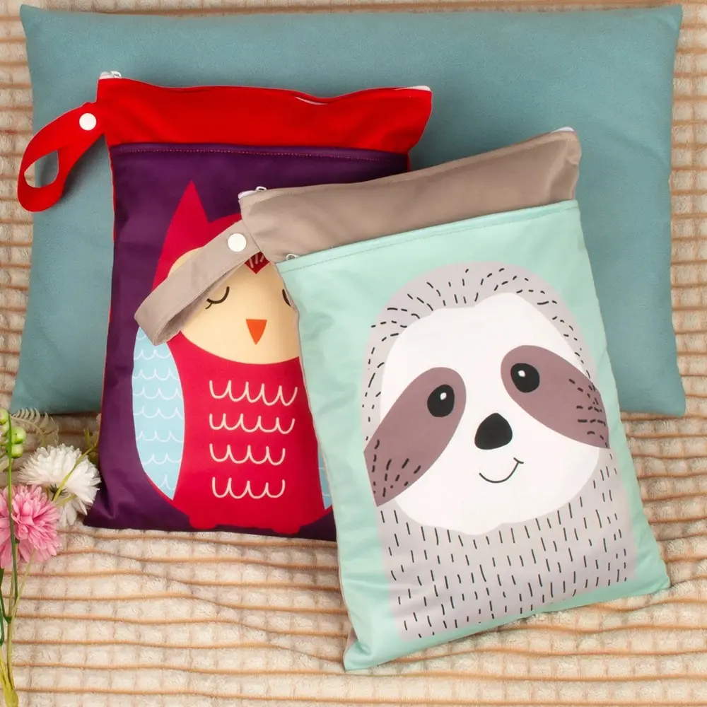 25cmx35cm Wetbag for Diapers Monkey Sloth Owl Prints Waterproof Mommy Bag Washable Reusable Diaper Bag with Two Zipper view 2