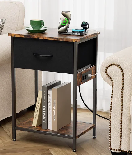 

Wooden Modern Small Side Bed Table with Charging Station