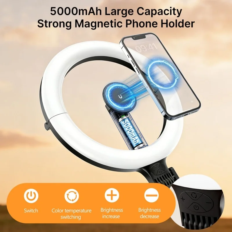 Magnetic Overhead Phone Mount with 10” Ring Light, 5000mAh Flexible Articulating Circle Lamp Table Tripod, Phone Stand for Video Recording Cooking Nail, Zoom Meeting view 4