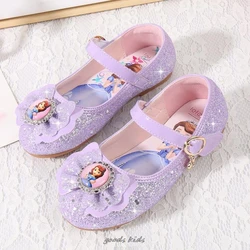 Zapatos planos de cuero con dibujos de Sofía para niña, calzado de princesa con fondo suave, cristal, flores, talla 22-36