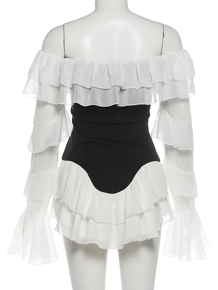 Weird Puss Elegantes, gestuftes Kleid für Damen, Herbstmode, Mesh-Patchwork, ausgeschnittener Ausschnitt, Glockenärmel, unregelmäßiger Saum, Party, sexy, figurbetont – Detail 5