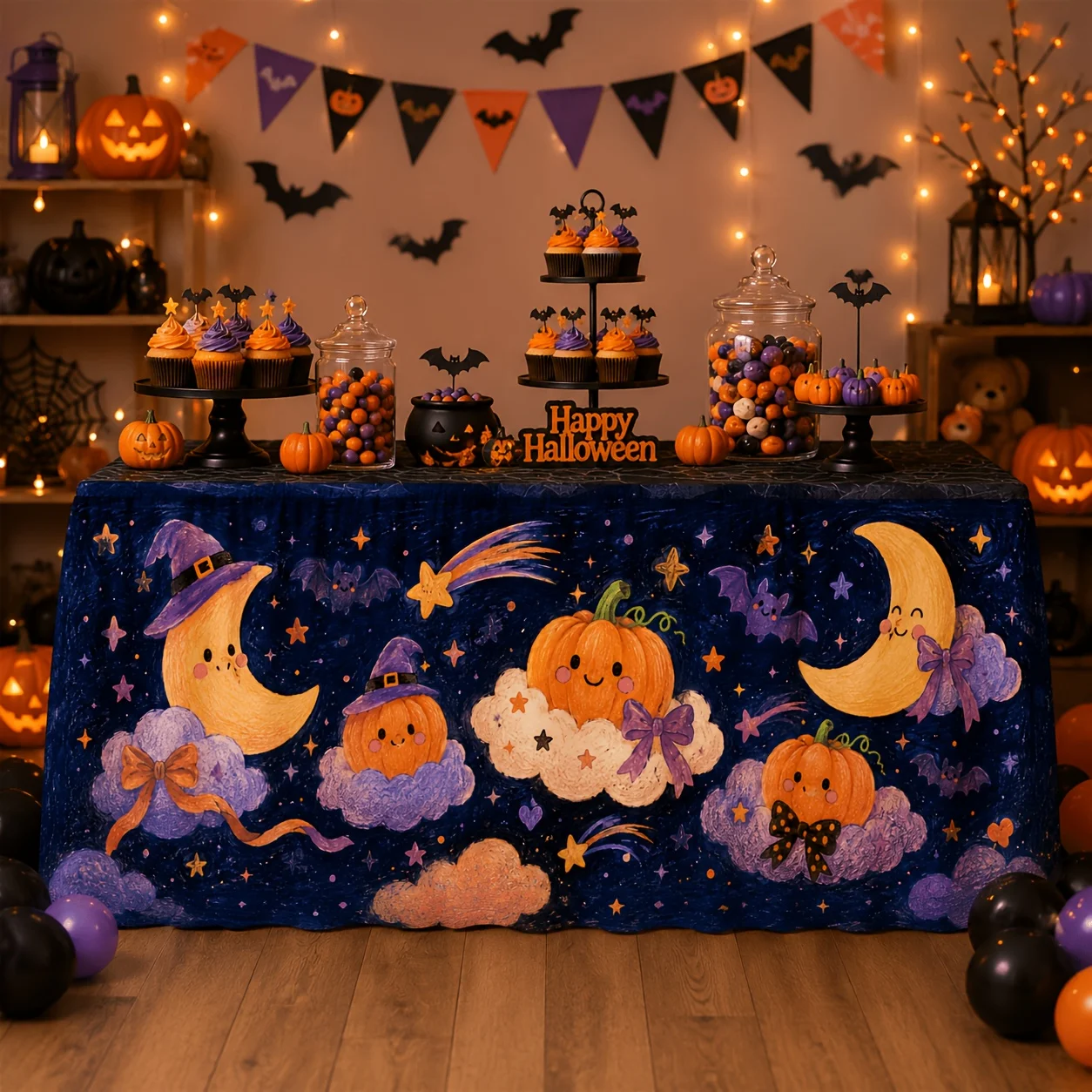 1 tablecloth table skirt, cute Halloween table skirt, textured crayon smiley face pumpkin, witch hat, crescent moon