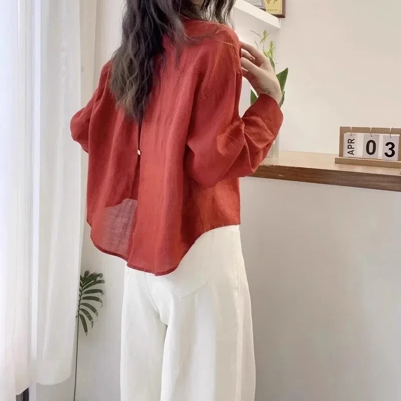 Spring Autumn New Solid Color Shirt Women POLO Collar Long Sleeve Fashion Button Cardigan Vintage Elegant Pocket All-match Tops