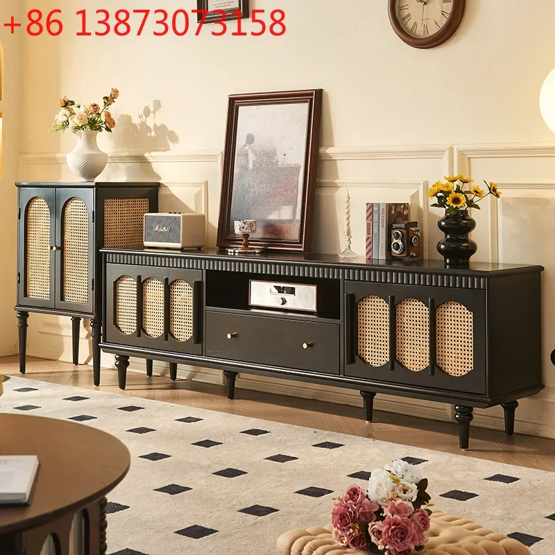 French solid wood rattan TV cabinet vintage style living room American designer storage integrated audio-visual cabinet sideboar