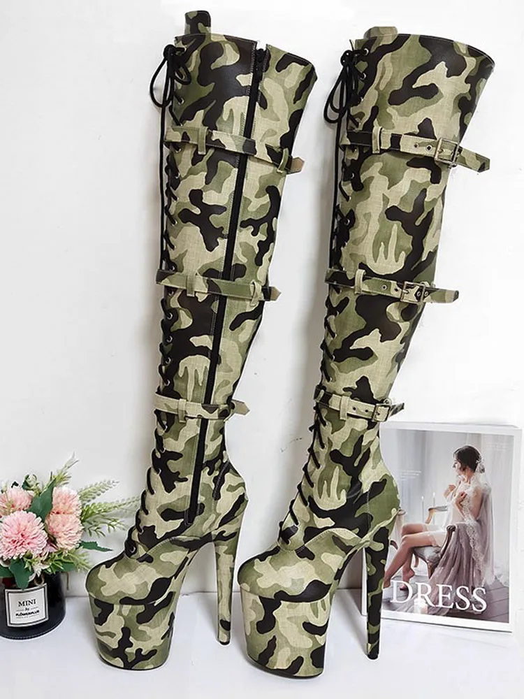 20cm Sexy Platform Fetish Camouflage Over The Knee Boots For Women 8Inch Exotic Strip Pole Dance Shoes Exotic High Heels Gothic