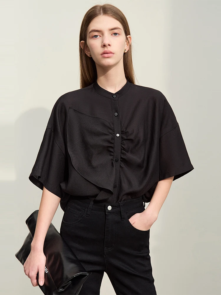 Amii Minimalism 2024 Women Shirt Summer New Commuter Stand-up Collar Asymmetric Female Blouse Drop Shoulder Loose Tops 12422008