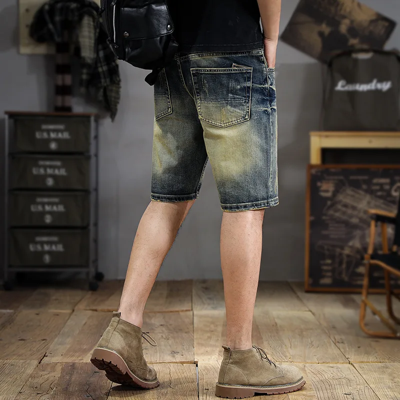 Short en denim délavé rétro pour homme, short de moto commandé, nouveau, marque de mode, règle, vieux document de chat, été, 2024