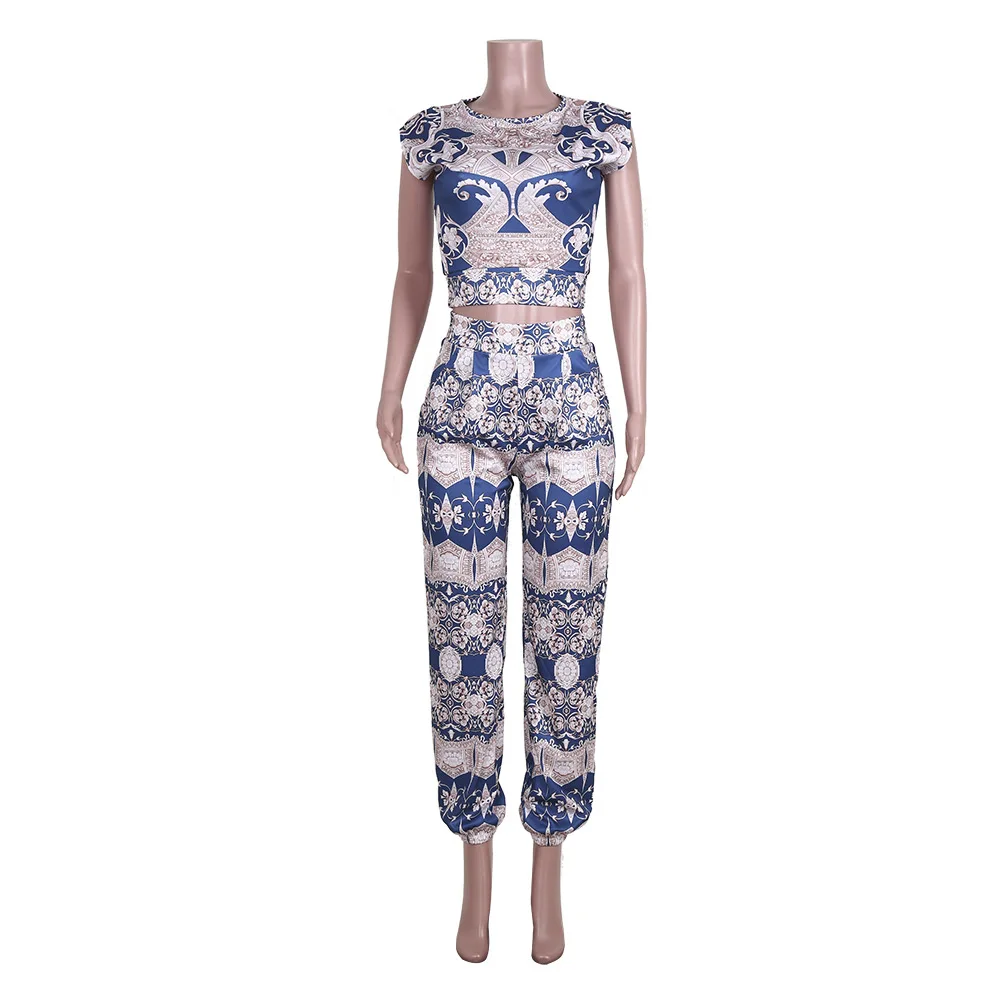 Two Piece Sets Women Pant Set Matching Sets Print Short Sleeve Casual Tops Long Pants High Waist Y2k Streetwear Loose 2025
