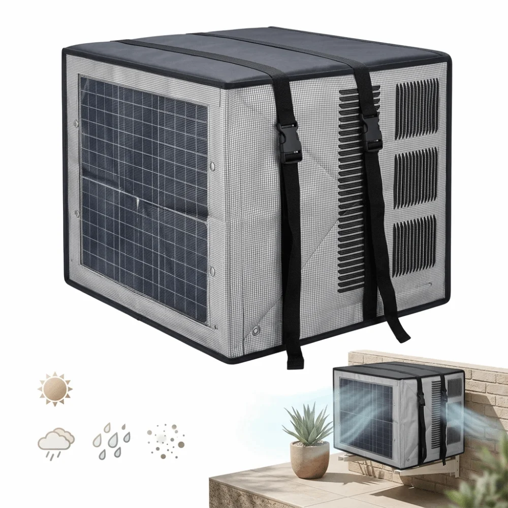 Waterproof AC Unit Protective Cover UV Resistant Snow Proof Mesh Cover Ventilated Mesh Adjustable Strap AC Unit Protective Lid