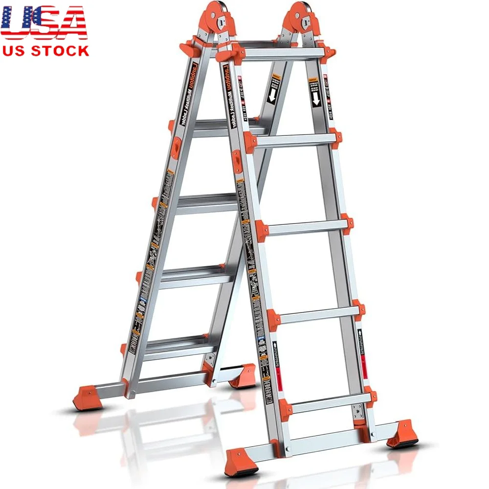 

5 Step Folding Ladder Multi Position Extension A Frame Ladder Anti-Slip Portable Lightweight 330 lbs Load Storage Safety Ladder