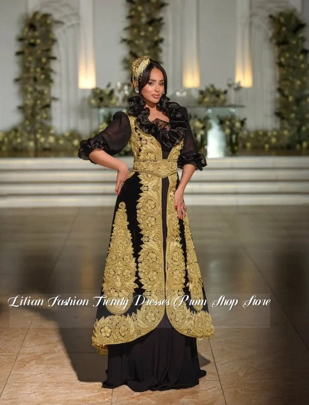 Custom Moroccan Black Wedding Dress Gold Embroidered Long Sleeved Kosovo Traditional Bridal Gown Engagement Dress