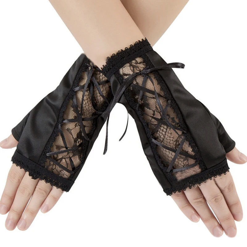 

Women Thin Sexy Lace Flower Bandage Satin Half-Fingered Gloves Princess Maid Style Cosplay Anime Stage Performances