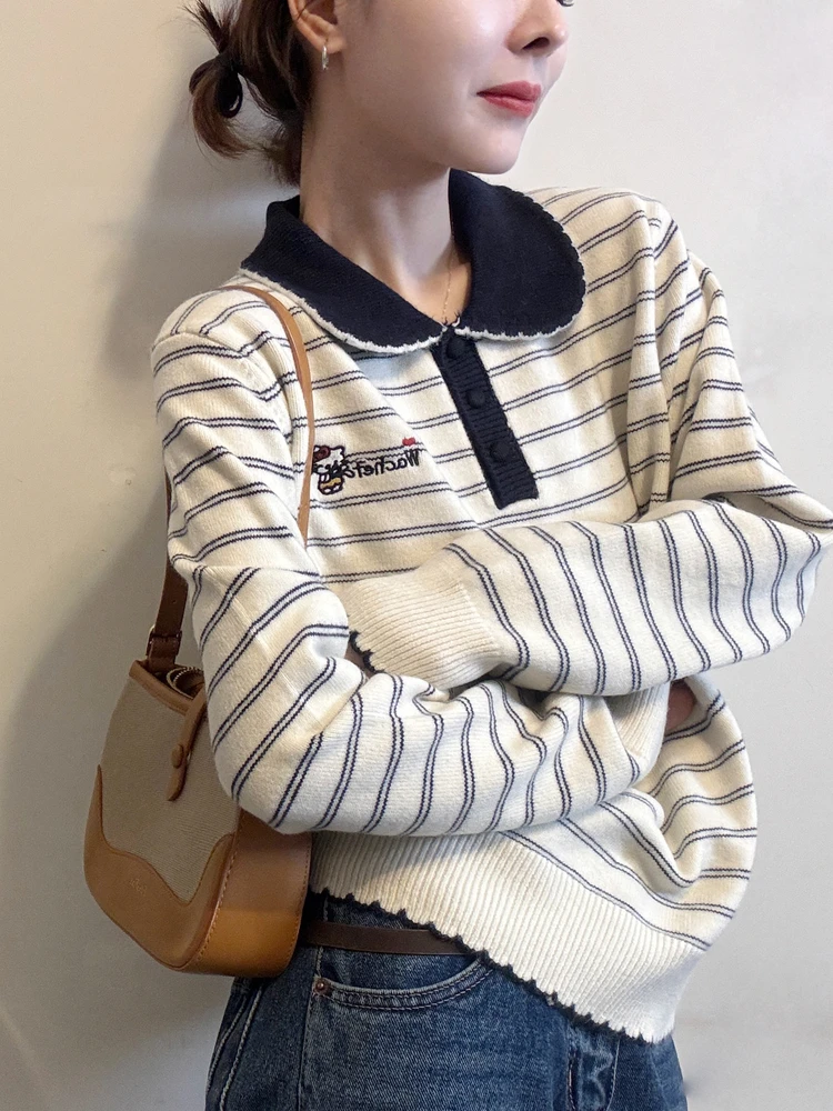 Maglieria coreana a righe con colletto a maniche lunghe da donna, maglione ampio e pigro, unico, per l'autunno inverno da indossare ogni giorno