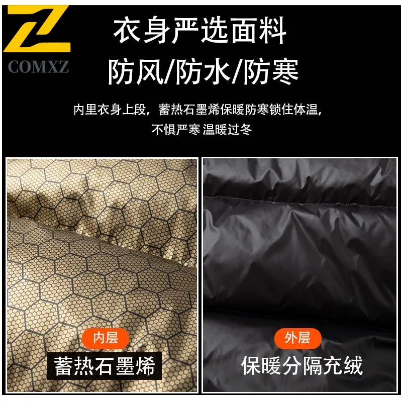 COMXZ سترة منفوخة الرجال الكلاسيكية الجديدة الربط مقنعين تسلق سترة خفيفة الوزن عادية العمل يندبروف الجرافين الملابس الشتوية