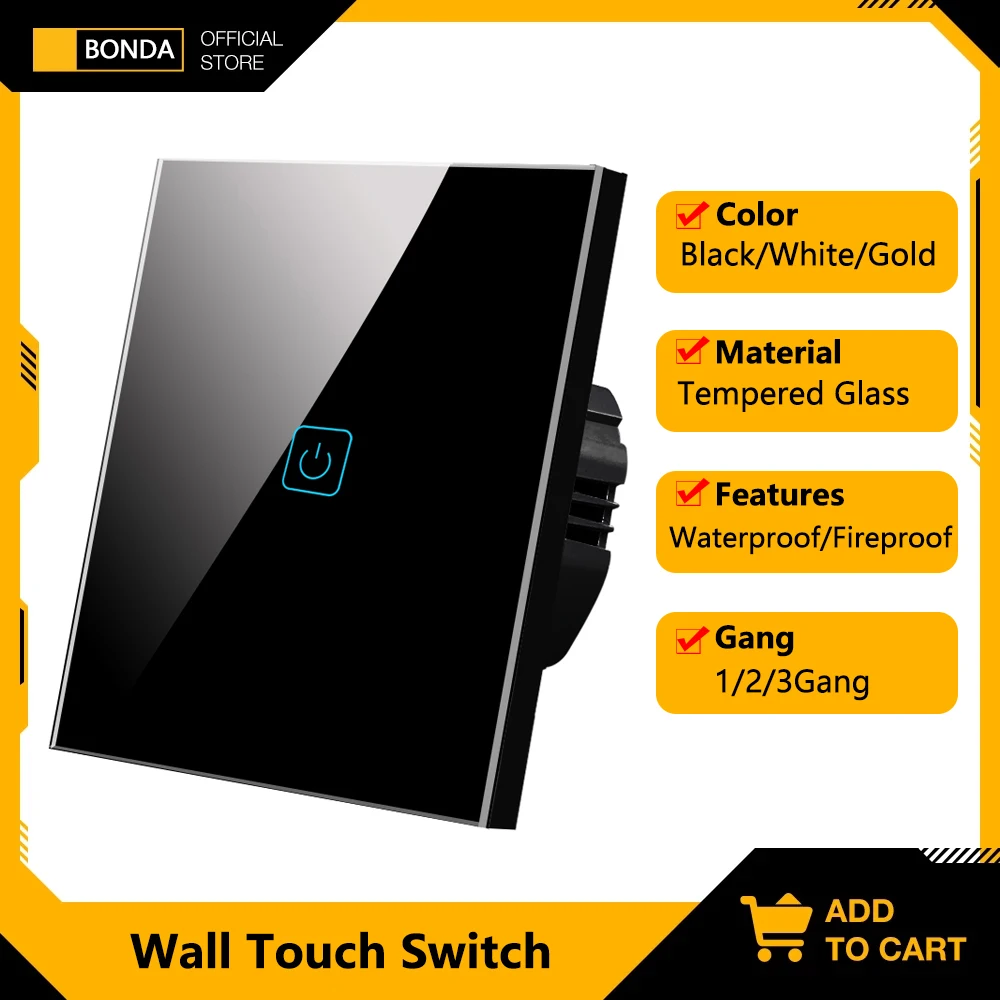 BONDA Light Touch Switch EU Standard Tempered Crystal Glass Panel Power 1/2/3 Gang 1 Way 220V Wall Lamp Sensor Switches on Off