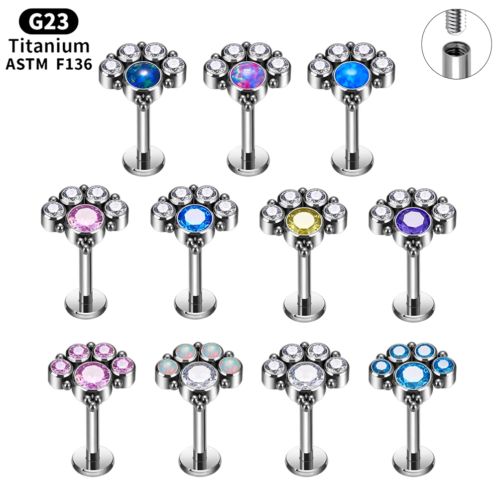 

G23 Titanium Piercing Cartilage Internal Thread Ear Studs Round Zircon Opal Labret Lip Tragus Fashion Body Jewelry for Women