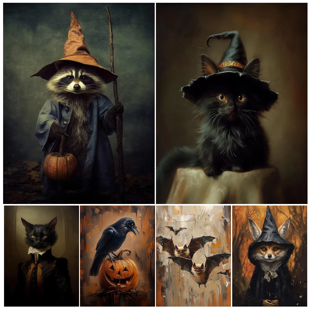 Black Cat,Racoon And Fox With Witch Hat,Vintage Wall Art Canvas Painting,Mytierious Witchcraft Animal Art Poster Print Decor