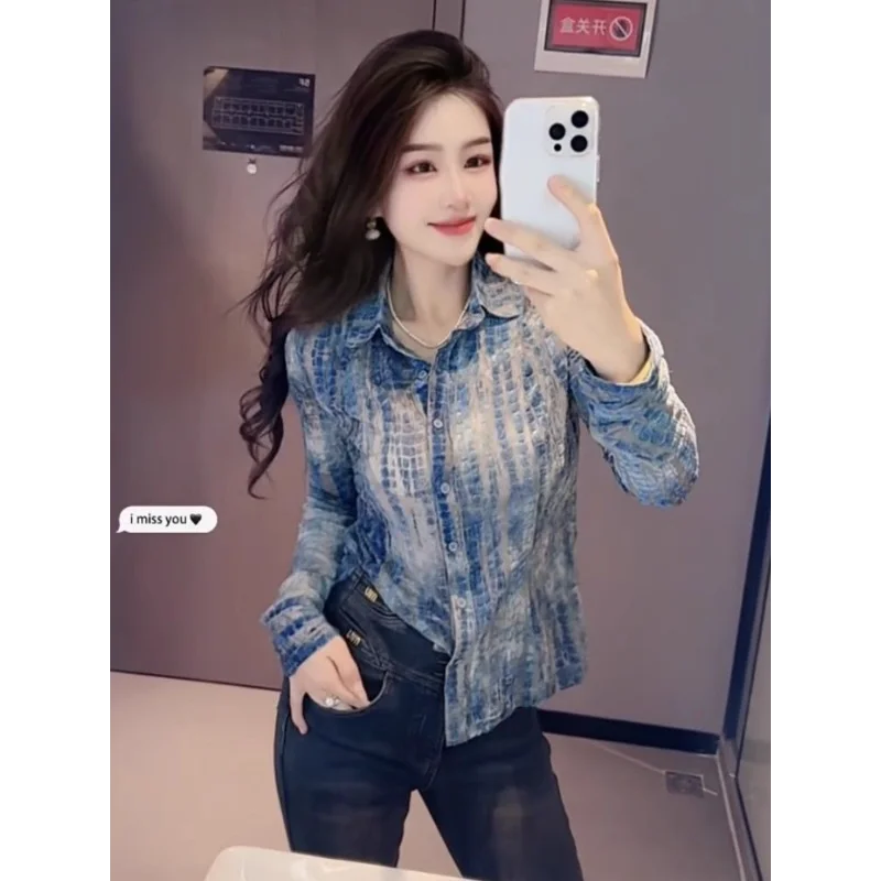Pure POLO Collar Dyed Flocking Shirt for Women with Small Fragrance Style and Slim and Fashionable Shirt with Long Sleeves
