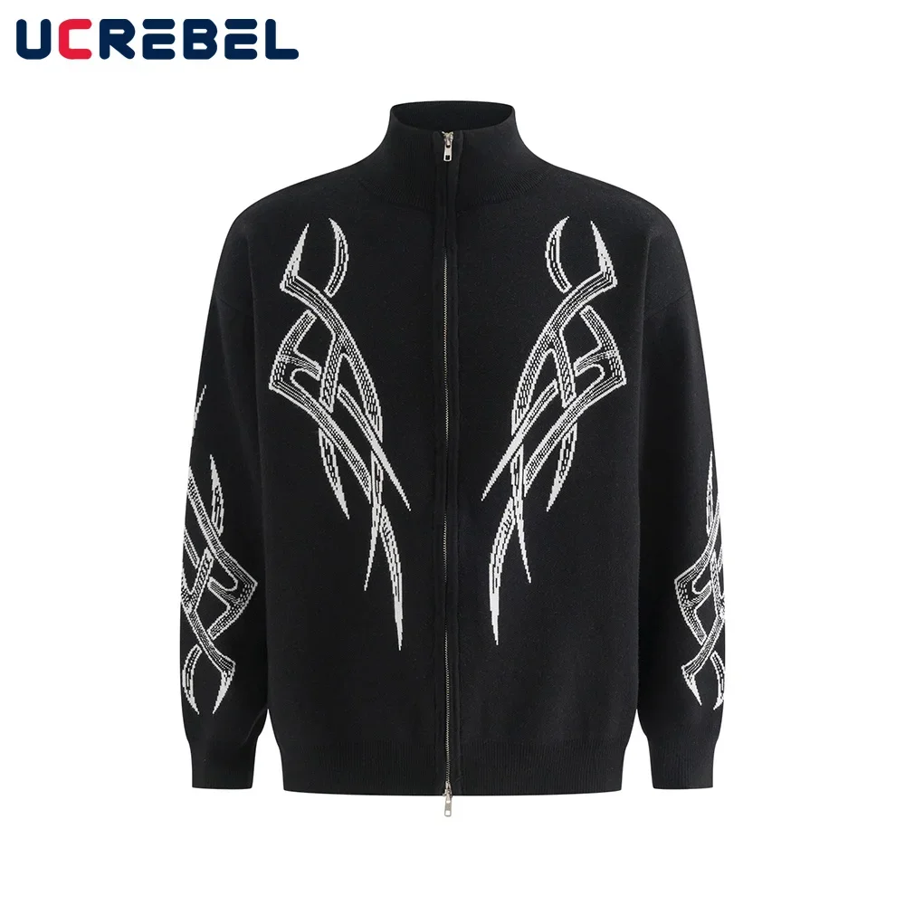 Totem Jacquard Sweatercoat Mens High Street Autumn Winter Loose Long Sleeve Stand collar Knitted Sweater Outerwear Men