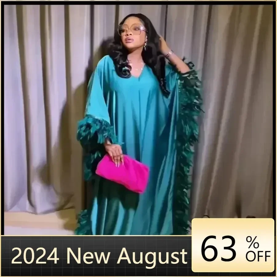 

Feather African Dresses for Women 2024 Traditional Nigeria Wedding Plus Size Abaya Dubai Boubou Dress Muslim Robe Femme Clothes