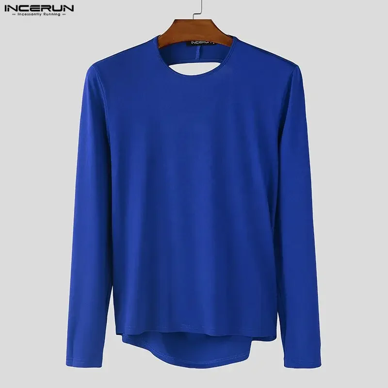 INCERUN Men T Shirt Solid Long Sleeve Hollow Out Backless Tee Tops Streetwear Sexy 2026 Men Clothes Personality Party Camisetas