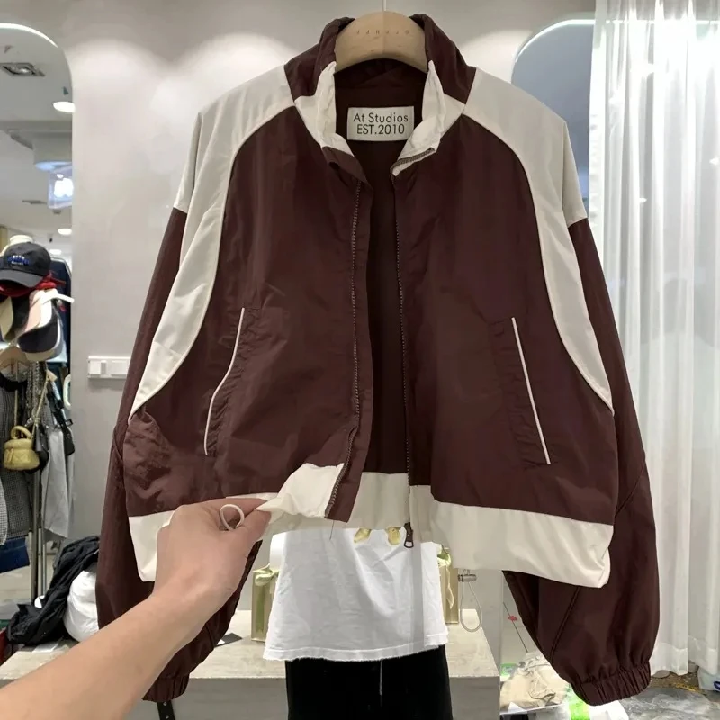 Kore kadın kırpılmış ceket boy Y2k Harajuku Zip Up rüzgarlık Patchwork hafif ceketler Streetwear bahar sonbahar yeni