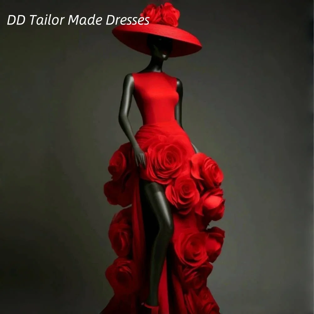 

Unique Cubic Floral Red Attractive Prom Dress Side Slit Flowers Satin Long Evening Gown Sleeveless Modern Party Dress Customized