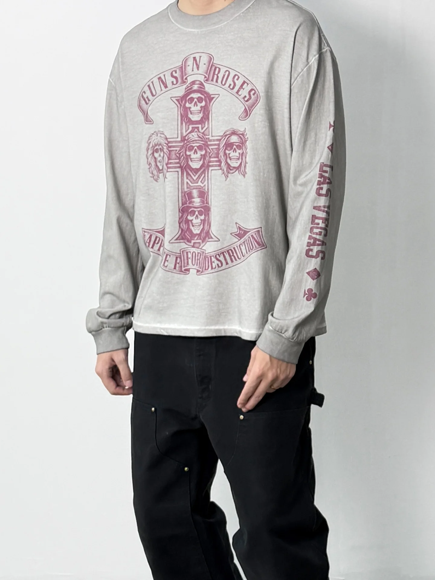 Retro American Rock Band Skull Cross Washed Loose Long Sleeve T-Shirt Men's Casual Style Breathable Cotton Printed Tee