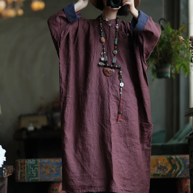 100% الكتان المرأة فستان طويل غير رسمي جديد وصول 2025 الخريف خمر الوقوف طوق بلون المتضخم فساتين الإناث M2061