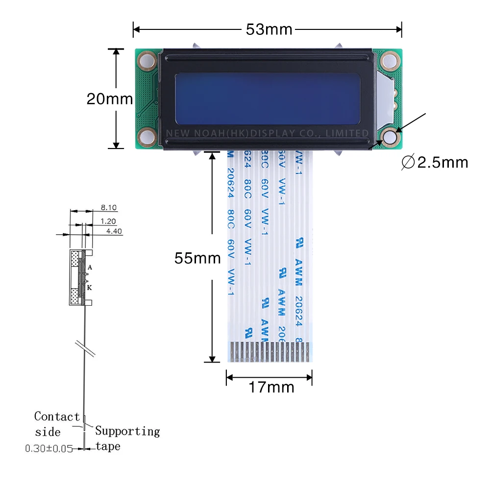 블루 필름 화이트 문자 액정 디스플레이, ST7066U, 2*16 흑백 화면, 02A-20-2A, 02X16 LCD, FPC75MM, 1.5 인치