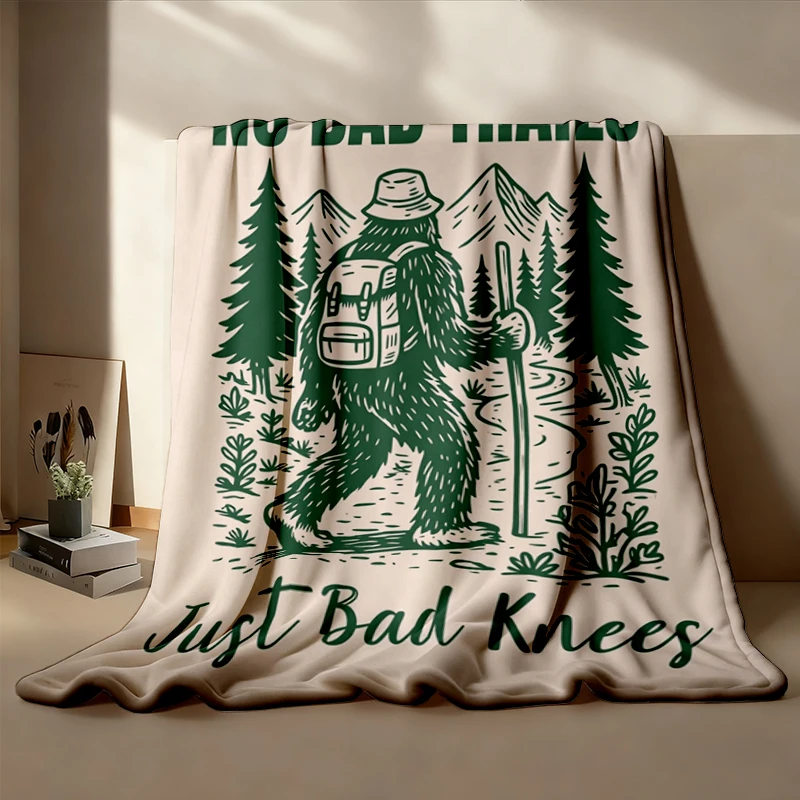 No Bad Trails Just Bad Knees Flannel Blanket, Funny Bigfoot Hiking Graphic Flannel Throw