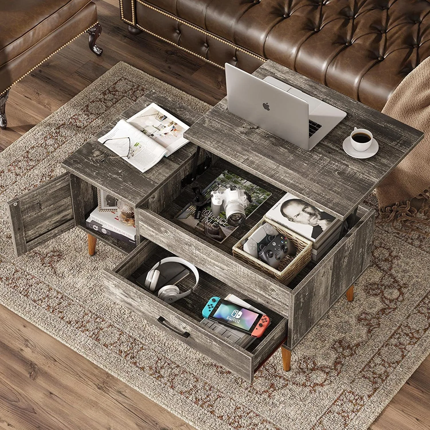 Lifting top simple coffee table household floor-to-ceiling living room wooden furniture with storage compartment coffee table