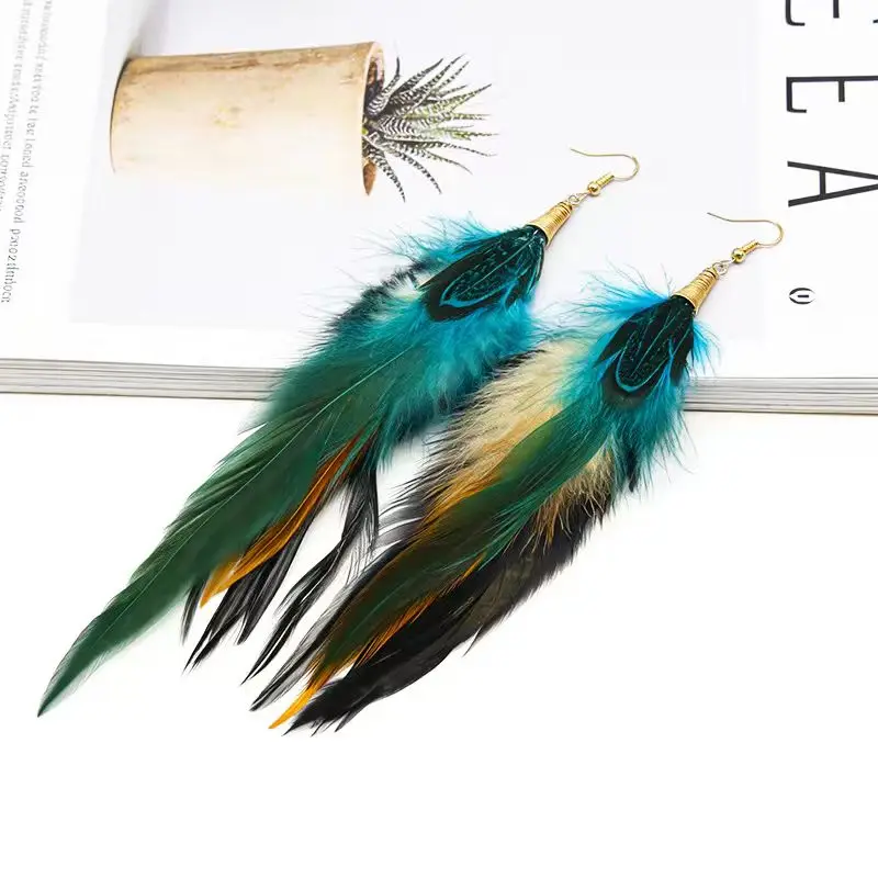 European and American Bohemian Feather Earrings Long Retro Personality Revival Festival Exaggerated Tassel Peacock Earrings