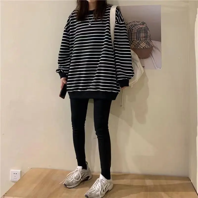 Loose Sweatshirts Plus Size O-Neck Leisure Cotton Women Clothes Batwing Sleeve Striped Printing Slight Strecth Pullover Fashion