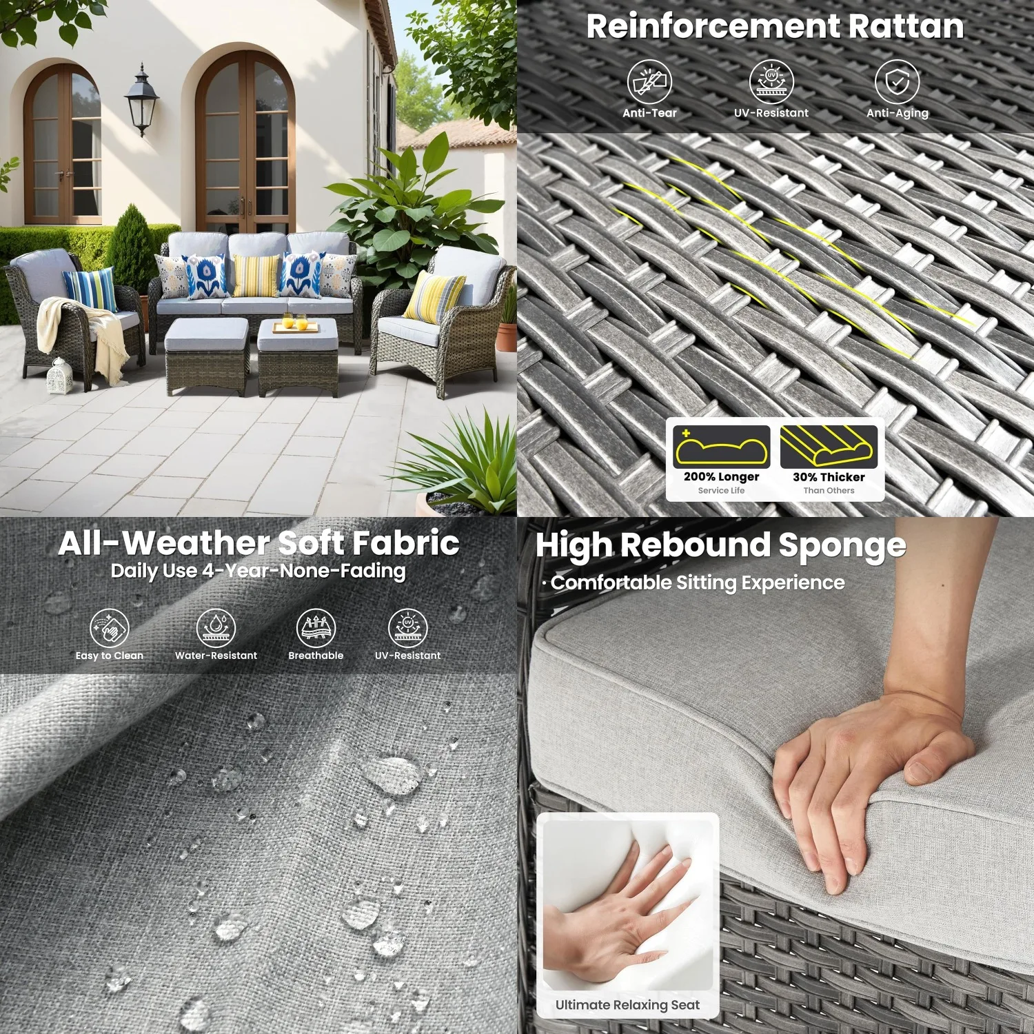 

5-Piece Patio Furniture Set Wicker Sofa Chairs Ottomans High Back All Weather Cushions Grey Rattan, Customized