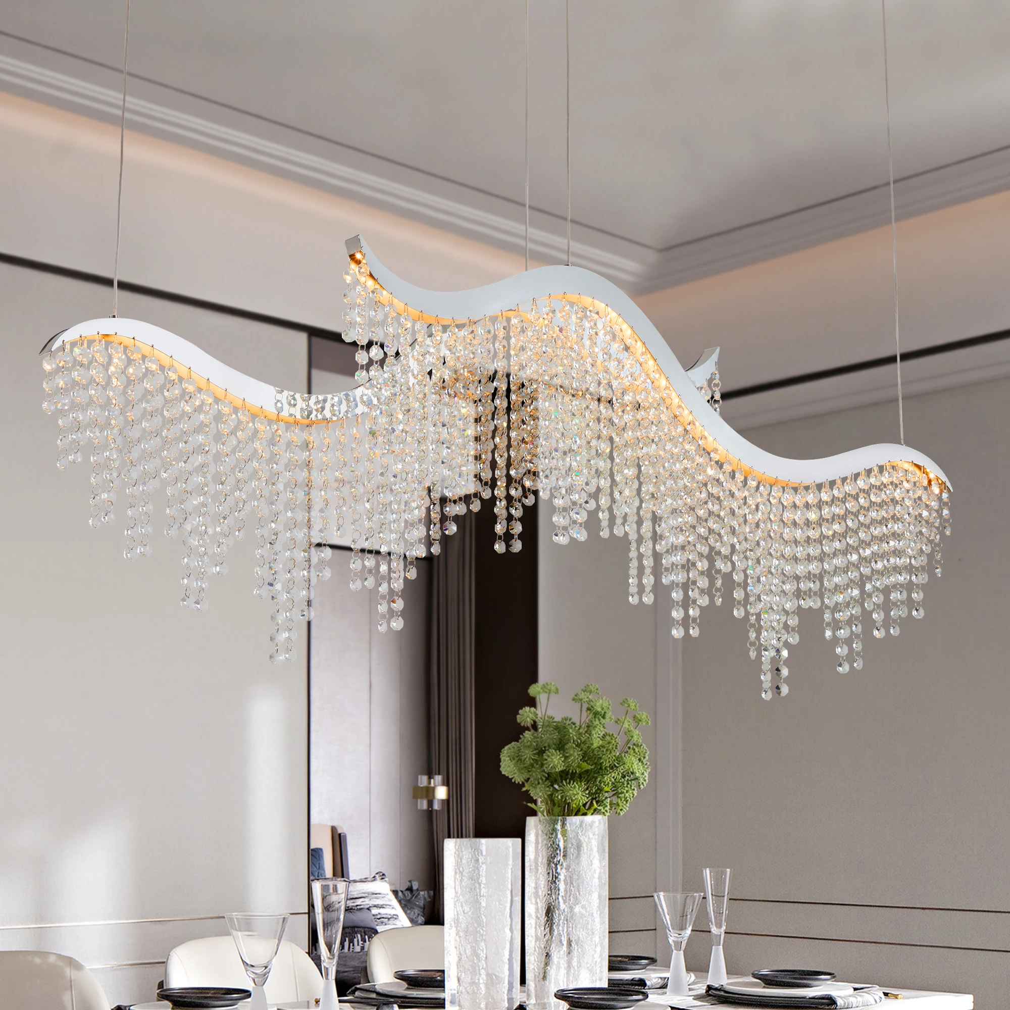 36.2-inch Modern Wave Led Crystal Chandelier - Adjustable Color Temperature 3000K/4000K/6000K - Adjustable Height - Elegant Chandelier for Living Room and Luxurious Space