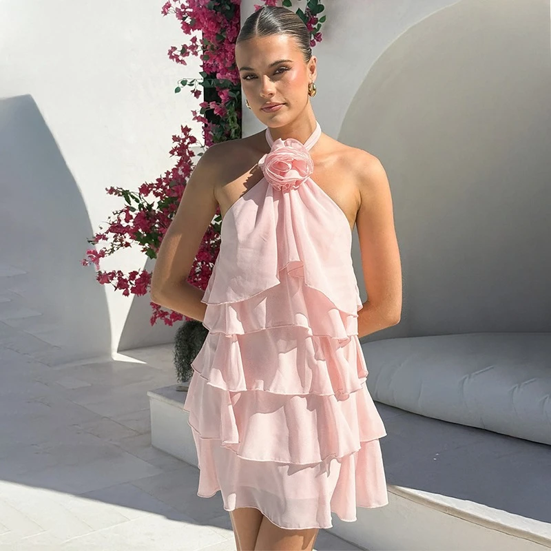 

TARUXY 3D Flowers Ruffled Dress Women's 2026 Summer New Sexy Backless Halter Neck V-Neck Tiered Mini Dress Female Casual Dress